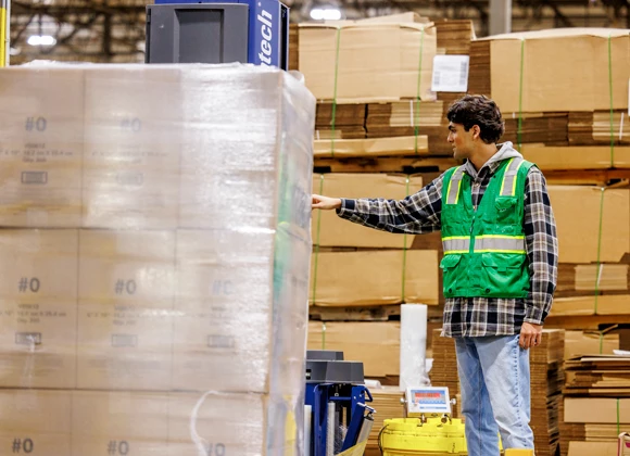 A warehouse worker in a green safety vest inspecting a large pallet of wrapped boxes with more boxes stacked in the background