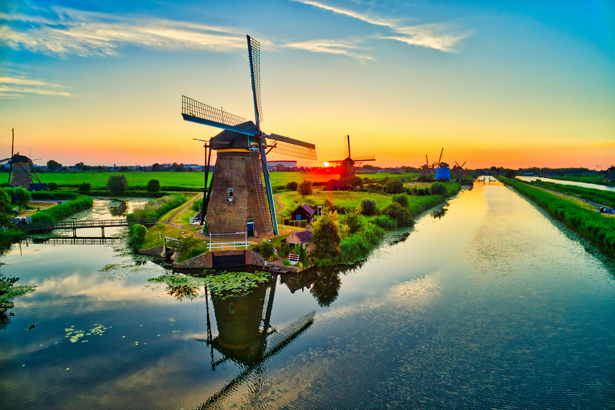 Aerial Sunset Windmills River Kinderdijk