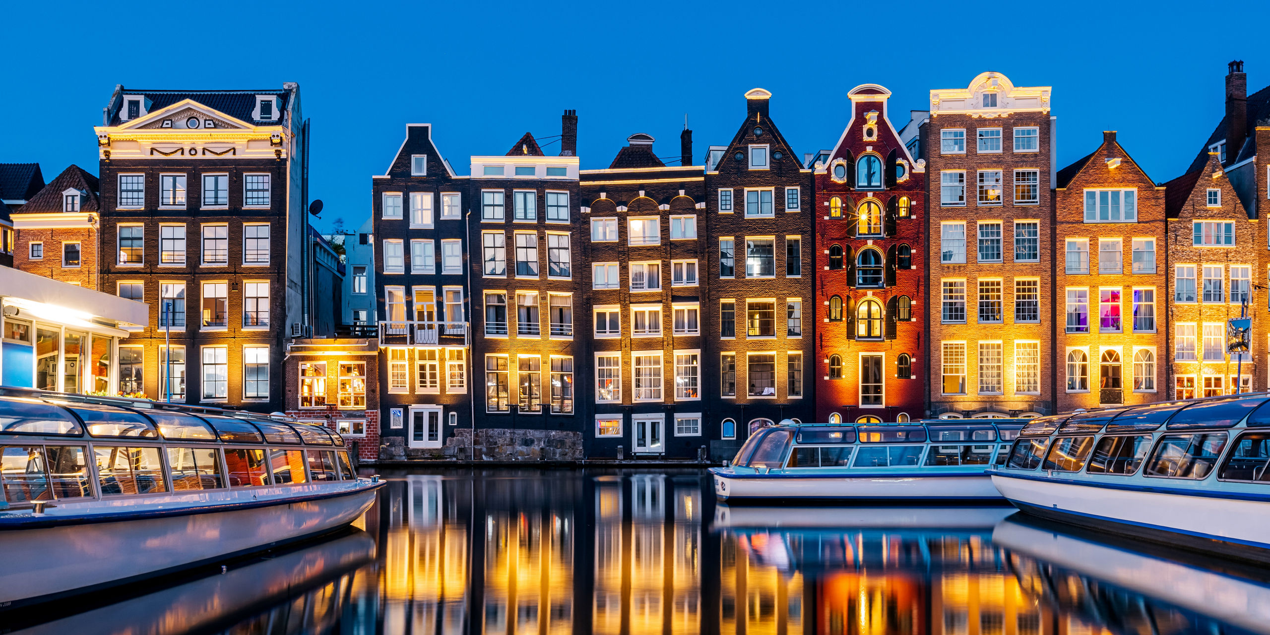 Canal Boats Townscape Night Amsterdam