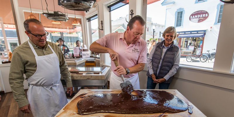 Chocolate-making demonstration in candy shop