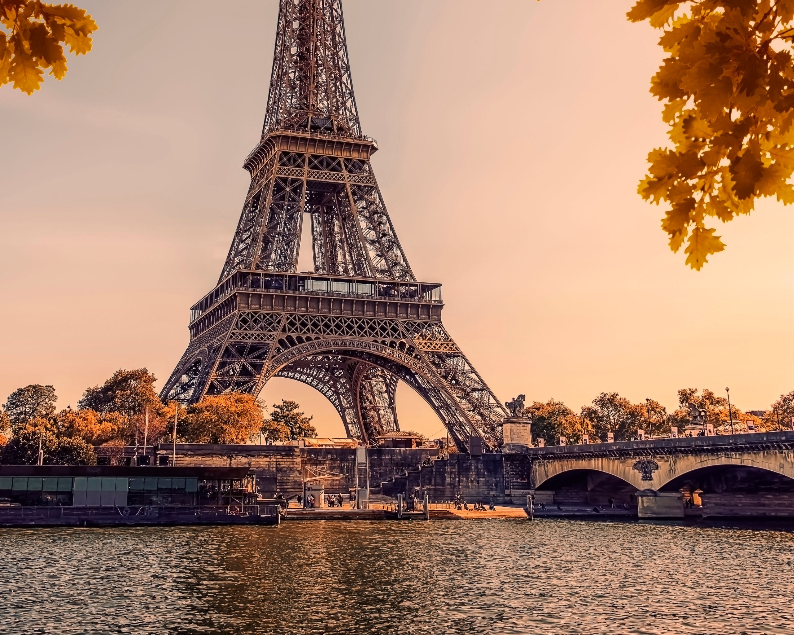 Eiffel Towers Fall Leaves River Paris
