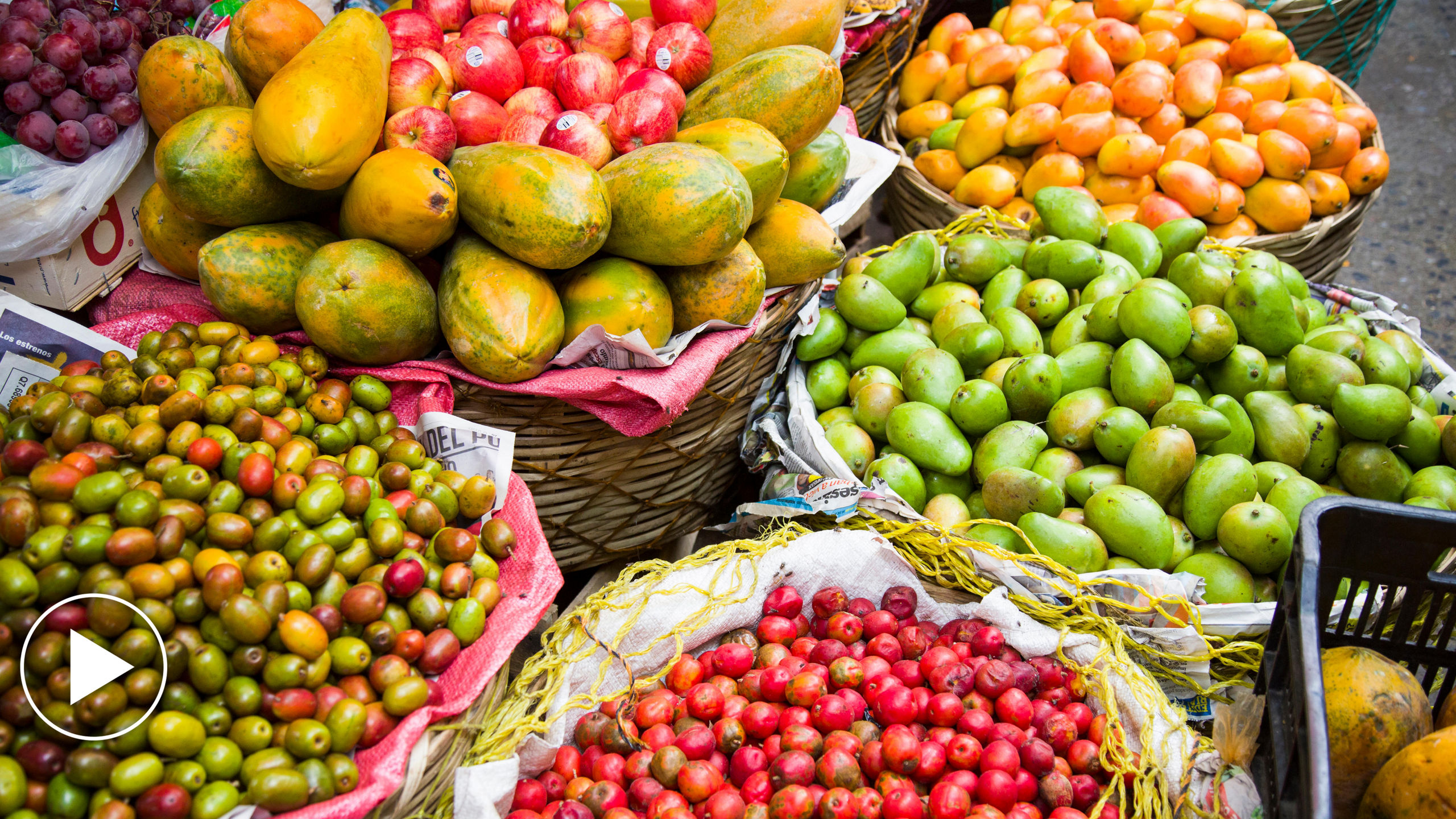 Colorful fruits in baskets