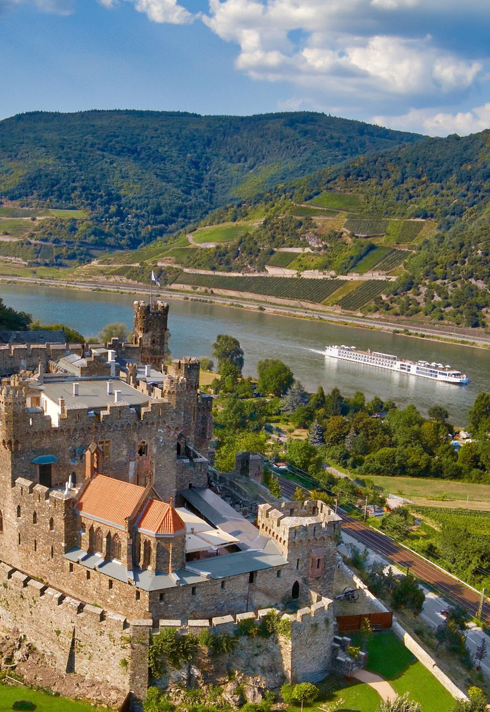 Historic castle overlooking river valley