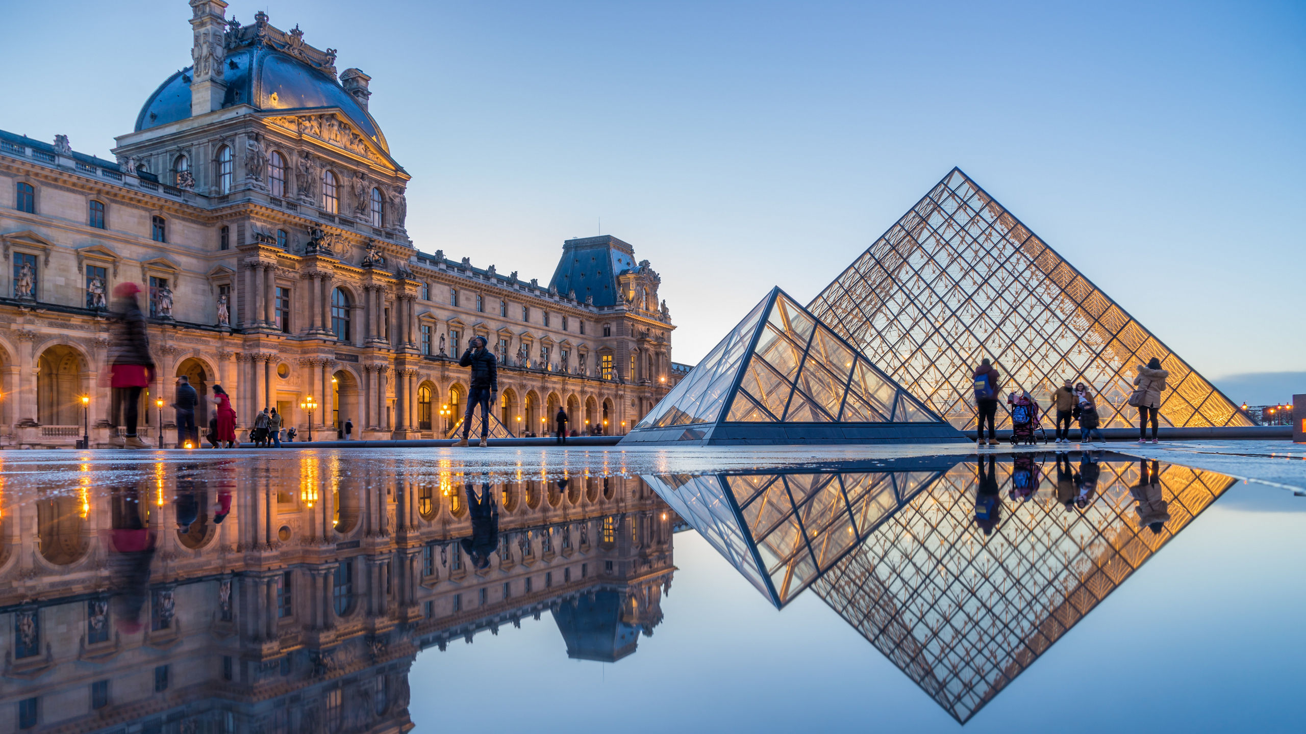 Night time Reflection Louvre Museum Pyramid Paris