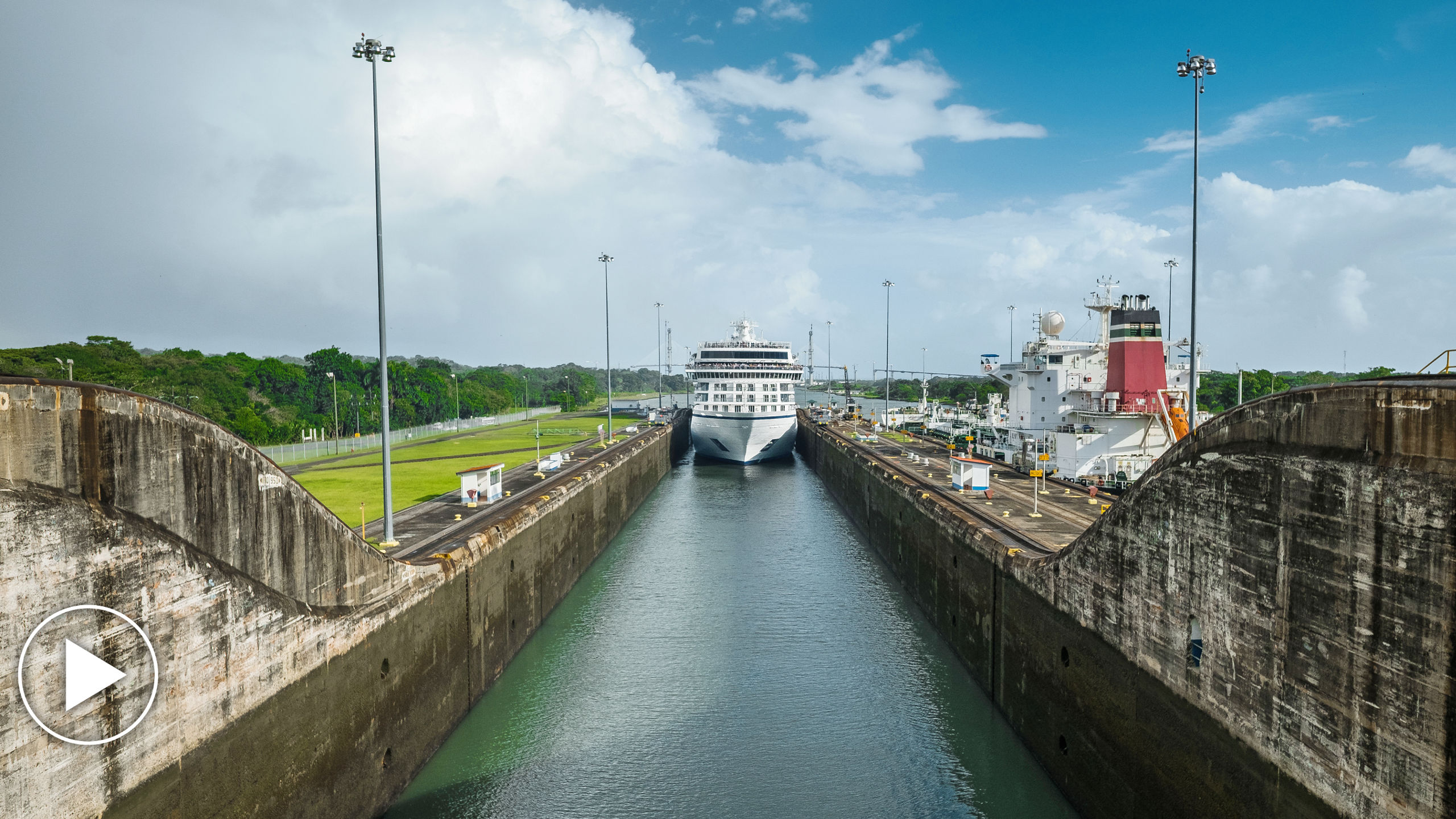 Ocean Ship Distant Canal Locks Panama