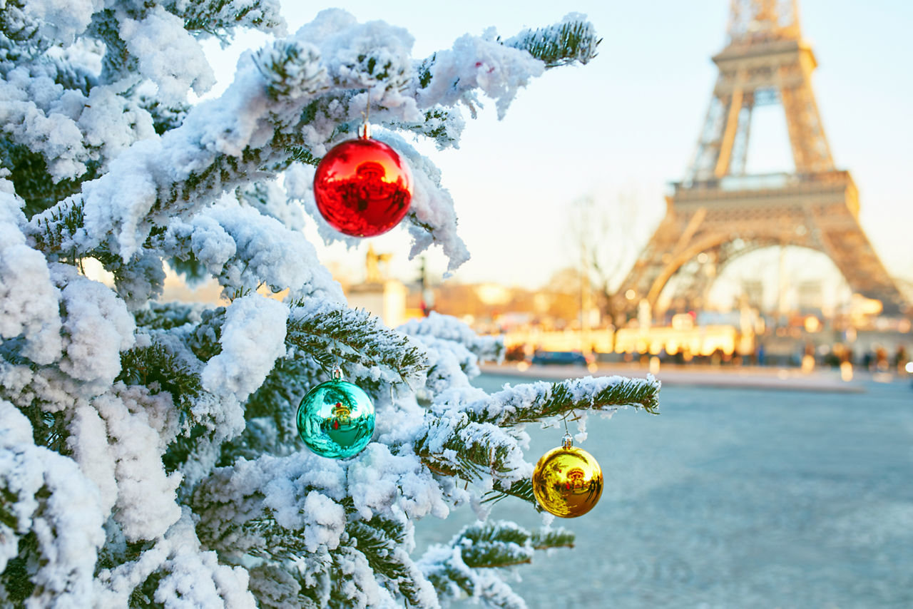 Snowy Christmas Tree Eiffel Tower Paris