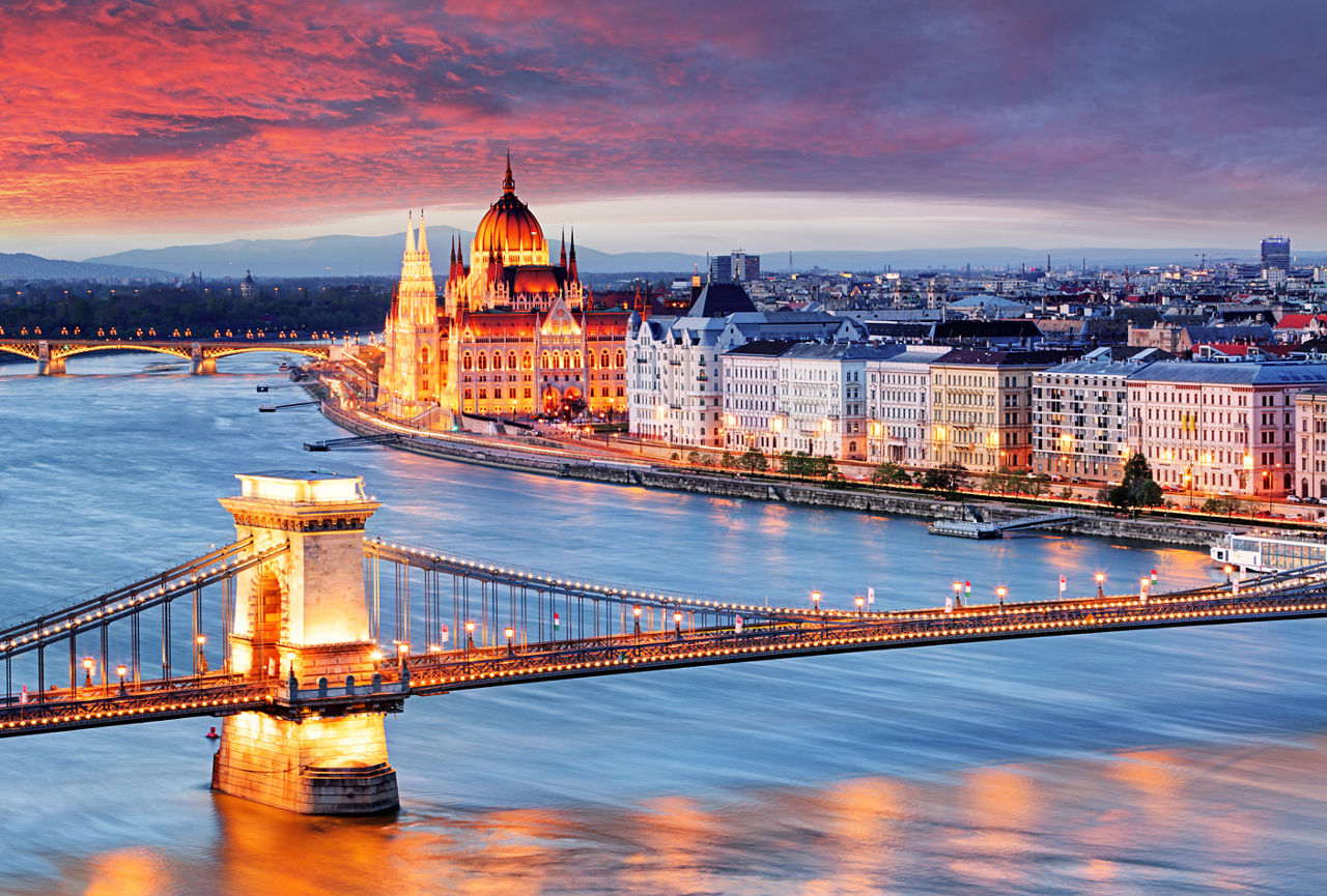 Sunset Aerial Danube Bridge Budapest