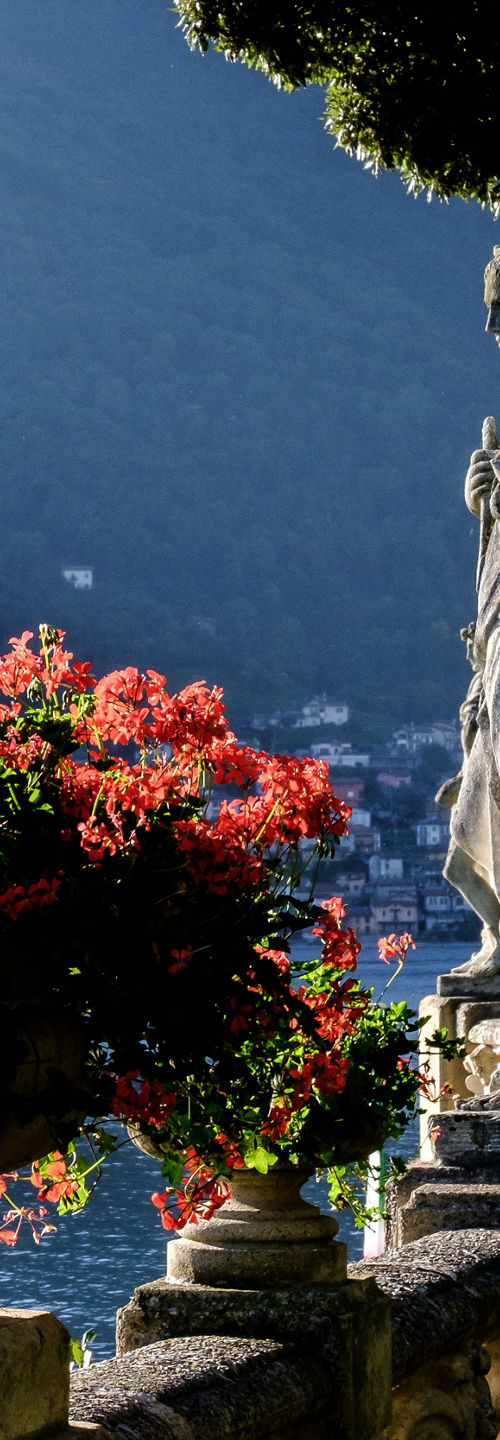 Statues and flowers by serene lake
