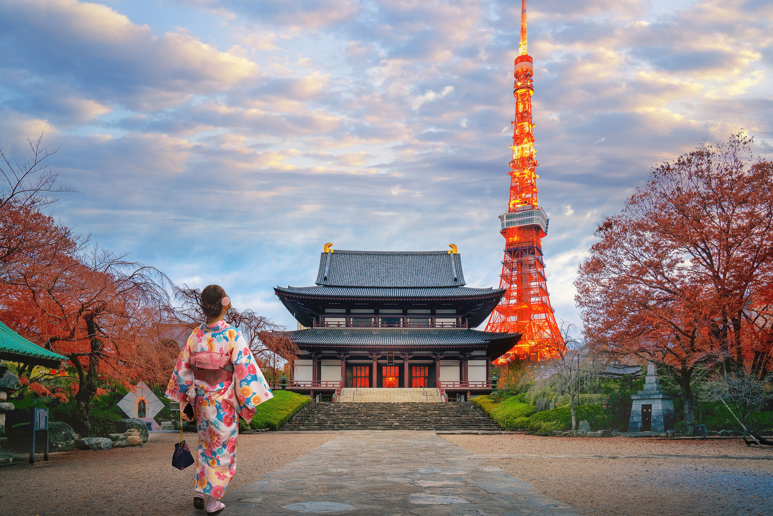 Woman Walking Zojoji Temple Tokyo