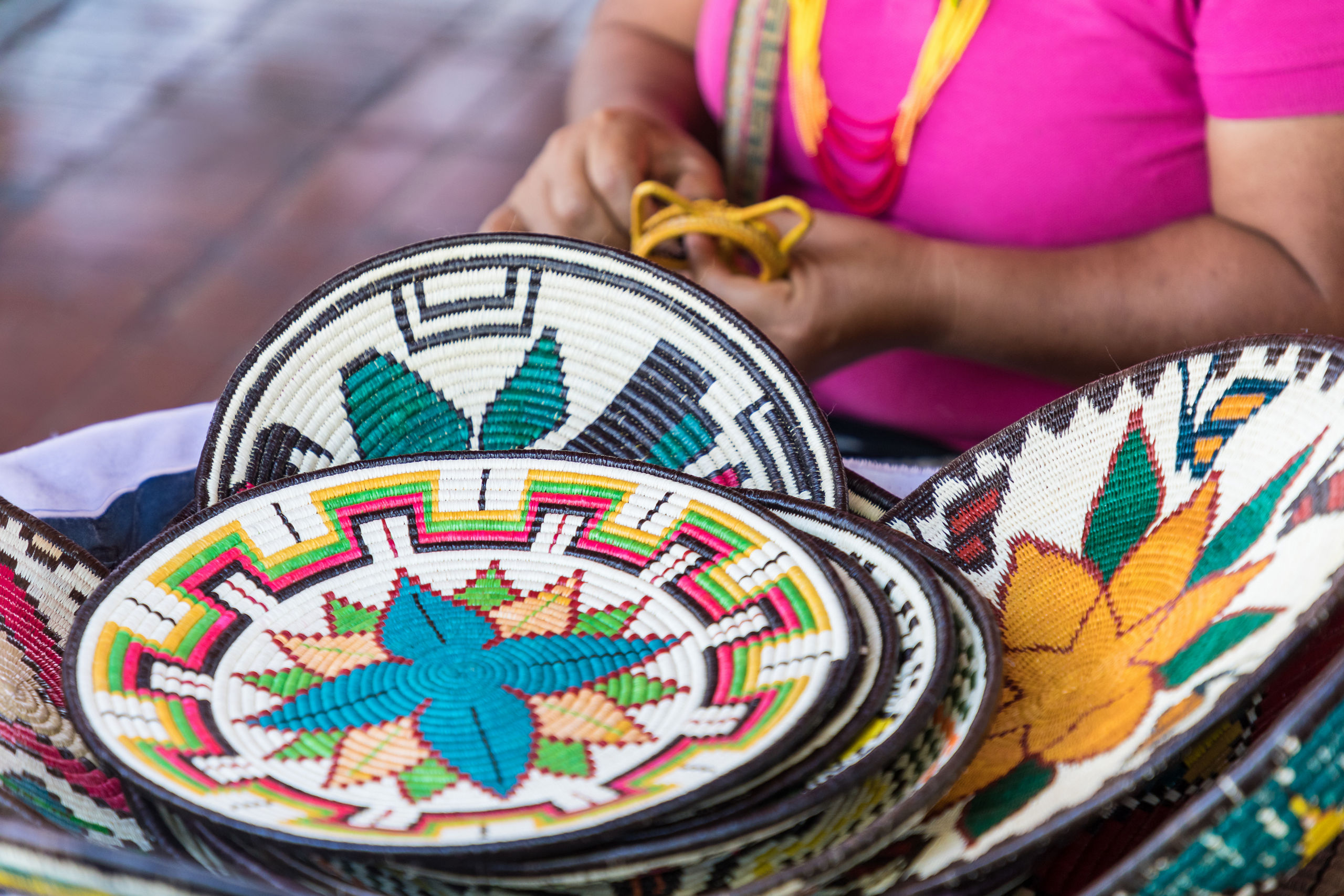 Woman Weaving Colorful Souvenirs Panama