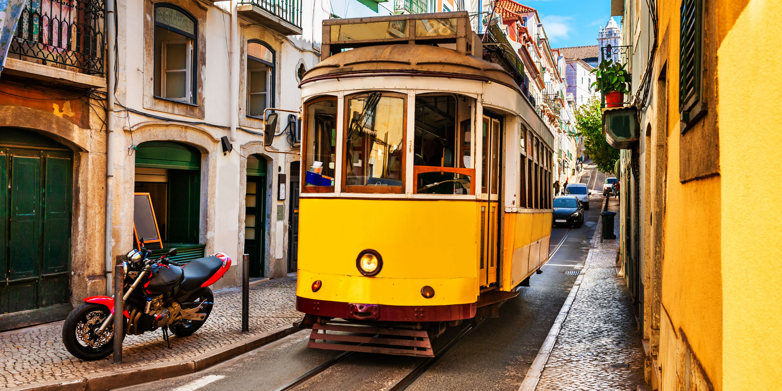 Yellow Vintage Tram Narrow Alley Lisbon