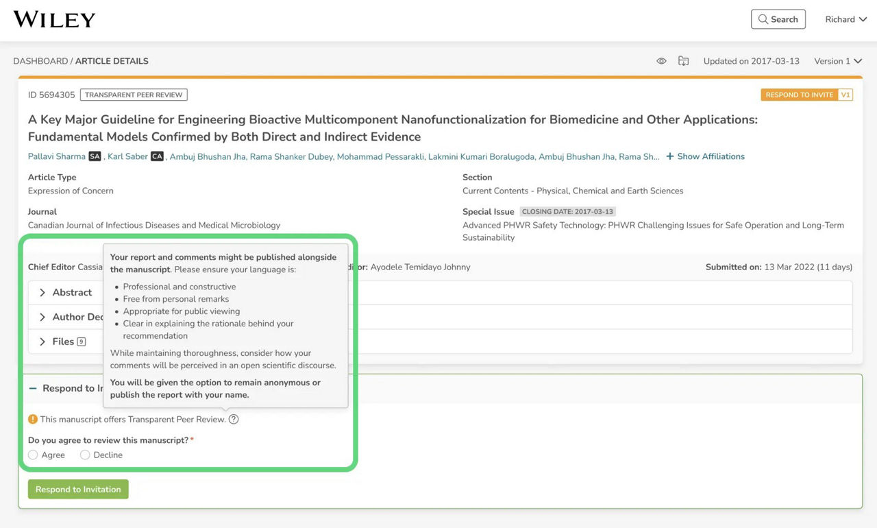 Transparent Peer Review on Research Exhange | Wiley