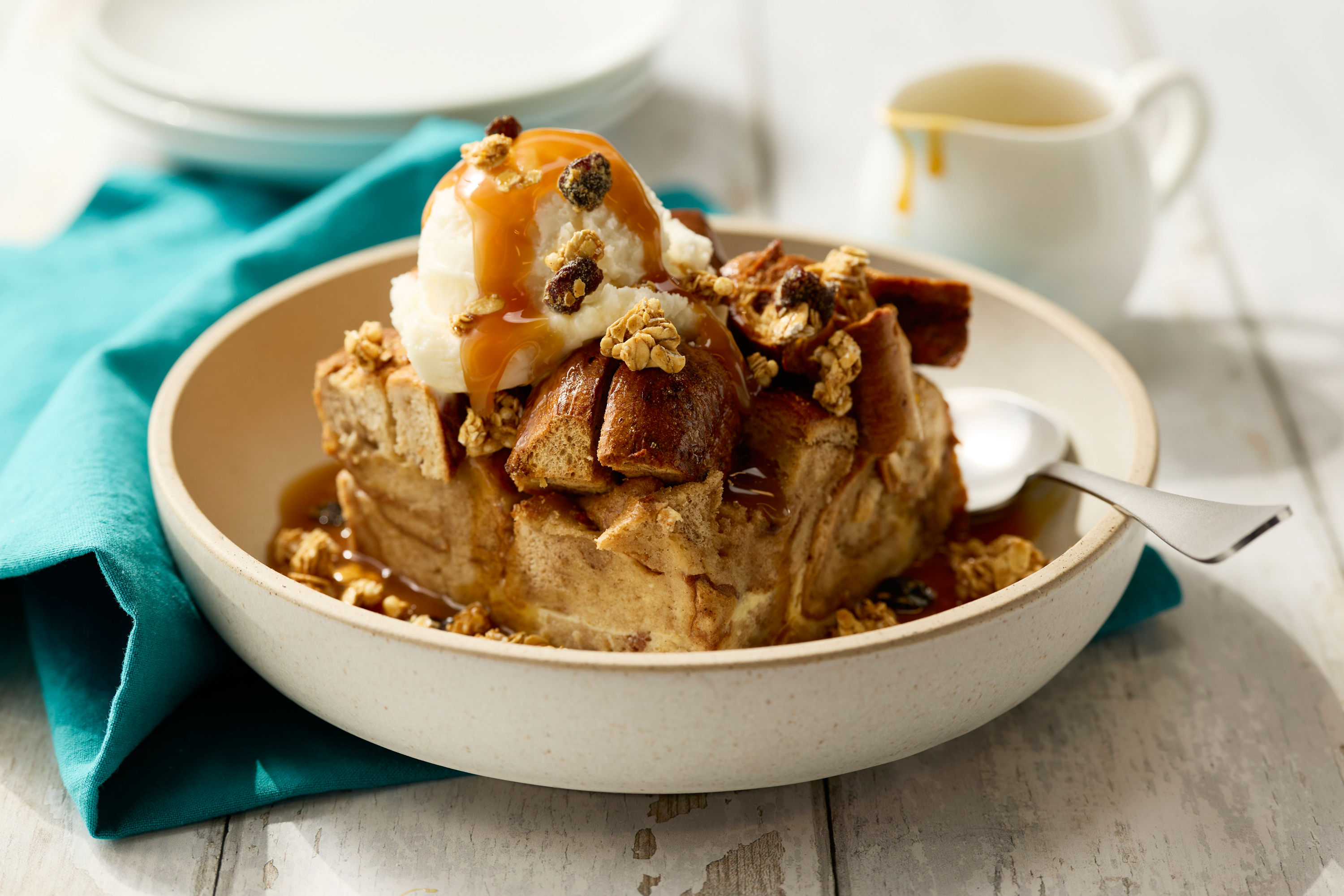 Bread Pudding with Bourbon Granola Caramel