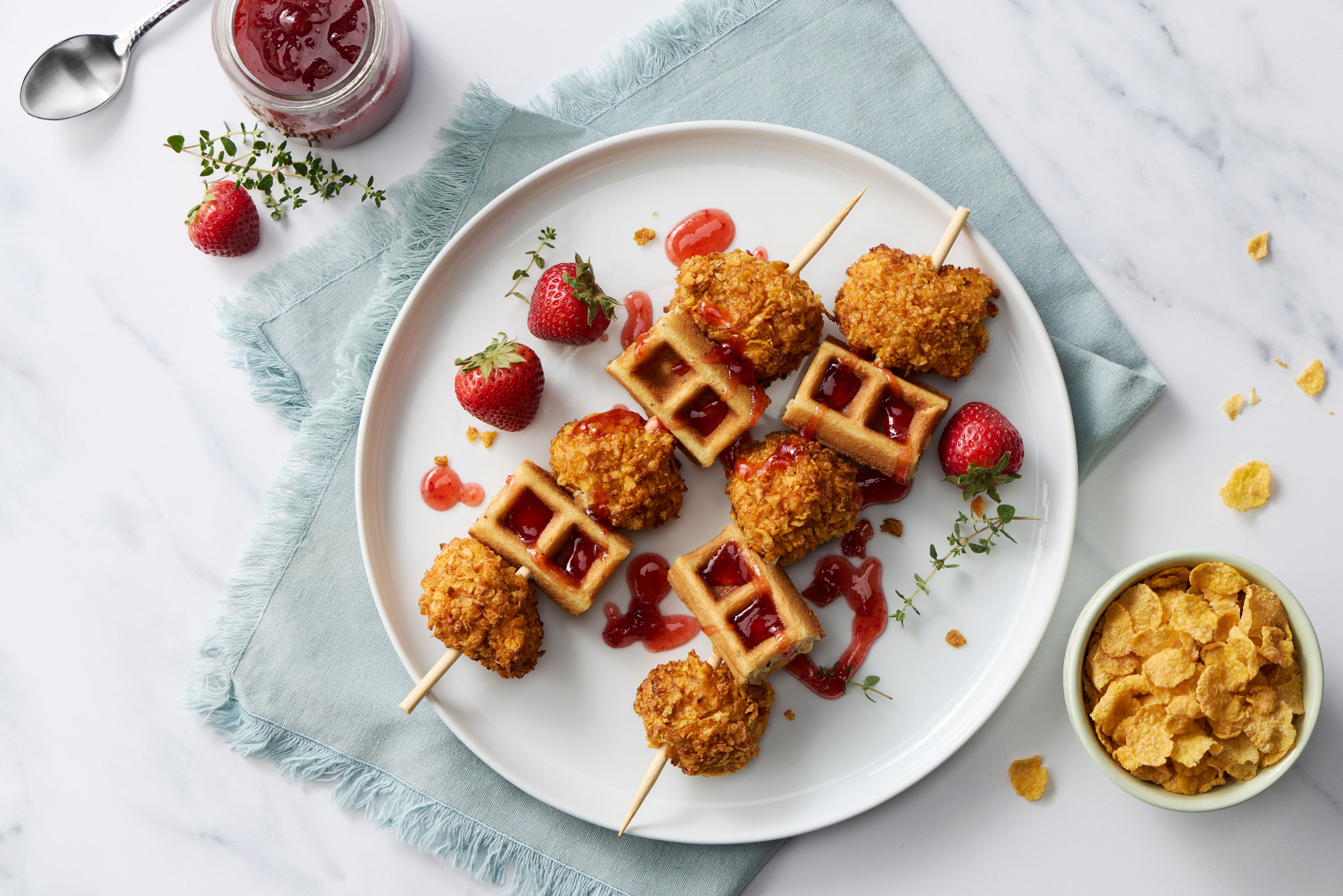 Chicken & Waffles Skewers with Strawberry Hot Honey Glaze