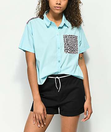 A-Lab Lani Cheetah Crop Short Sleeve Button Up Shirt