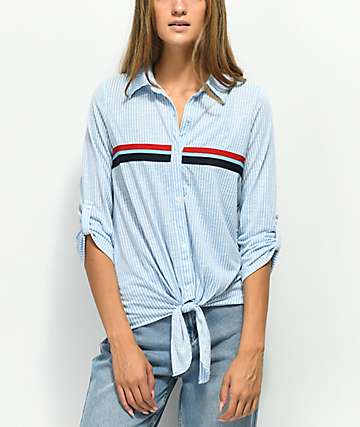 Almost Famous Bree camisa azul de rayas con detalle anudado