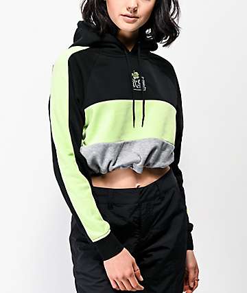 By Samii Ryan Kanji Blossom Colorblock Black & Green Crop Hoodie