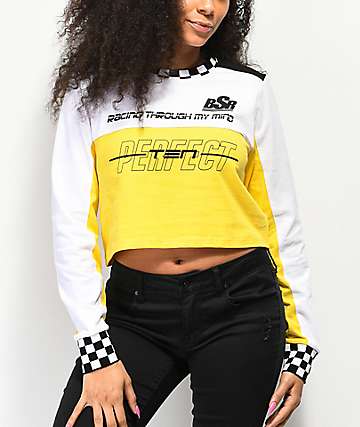 By Samii Ryan Perfect Ten White, Yellow & Black Long Sleeve Crop T-Shirt