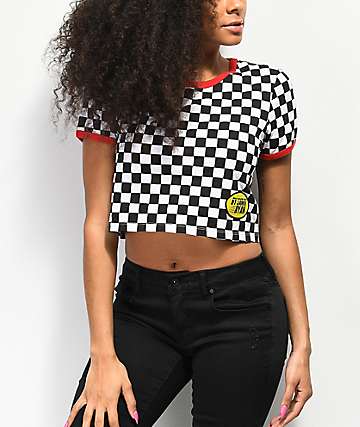 By Samii Ryan Too Fast Black & White Checkered Crop T-Shirt