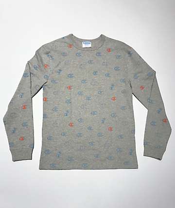 Champion Heritage Allover Print Oxford Grey Long Sleeve T-Shirt