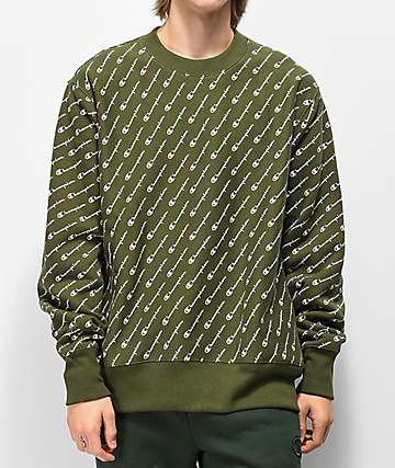 Champion Reverse Weave All Over Print Green Crew Neck Sweatshirt