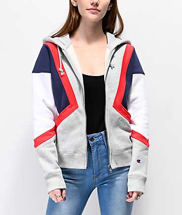 Champion Reverse Weave Colorblock White, Grey, Red & Blue Zip Up Hoodie