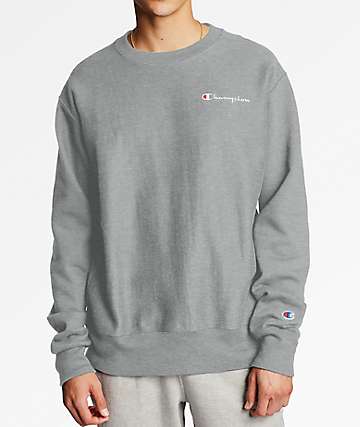 Champion Reverse Weave Embroidered Small Script Oxford Grey Crew Neck Sweatshirt