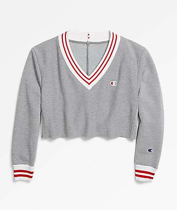 Champion Reverse Weave Oxford Grey Cropped V-Neck Sweatshirt