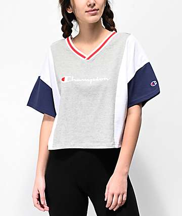 Champion Script Colorblock Grey, Blue & White Crop T-Shirt