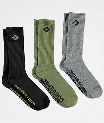 Converse Classic Star Chevron Olive, Dark Grey & Black 3 Pack Crew Socks