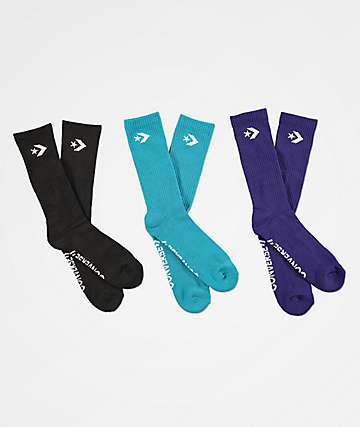 Converse Classic Star Chevron Orchid Teal, Black & Purple 3 Pack Crew Socks