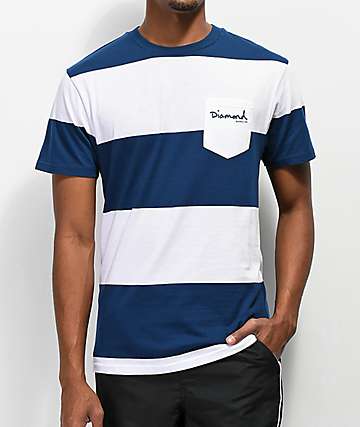 Diamond Supply T Shirts Zumiez   Diamond Supply Co. Script Stripe Pocket White   Navy T Shirt  299947 