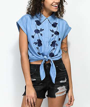 Dizzy Lizzy Blue Floral Tencel Button Up Short Sleeve Shirt