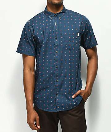 Dravus Paul camisa de manga corta azul marino con estampado rojo y marrón