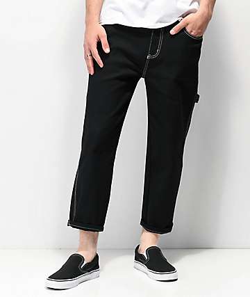 Elwood Jet Black & Contrast Stitched Cropped Carpenter Jeans