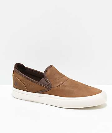 Emerica Dickson Wino G6 Premium Brown Leather & White Slip-On Skate Shoes