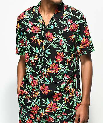 Empyre Anthony Black & Bright Tropical Print Short Sleeve Button Up Shirt