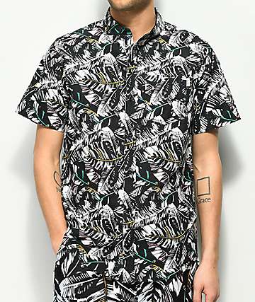 Empyre Bend Palm Black & White Short Sleeve Button Up Shirt