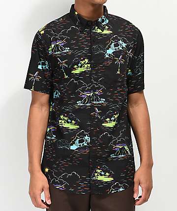Empyre Breeze Black Woven Short Sleeve Button Up Shirt