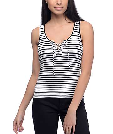 Empyre Crimson Black & White Stripe Lace Up Tank Top