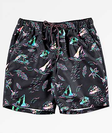 Empyre Dubtub Island Black & Multicolored Neon Elastic Waist Board Shorts