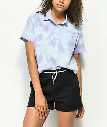 Empyre Lanikai Blue Tie Dye Crop Short Sleeve Button Up Shirt