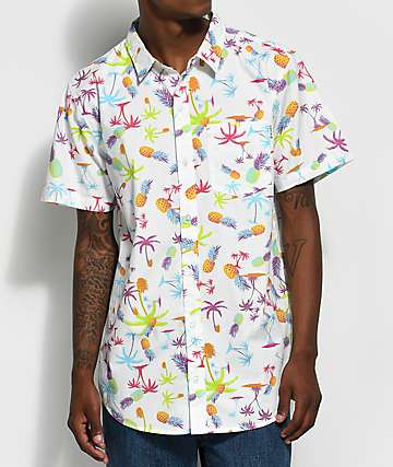Empyre Piney White & Purple Tropical Print Short Sleeve Button Up Shirt