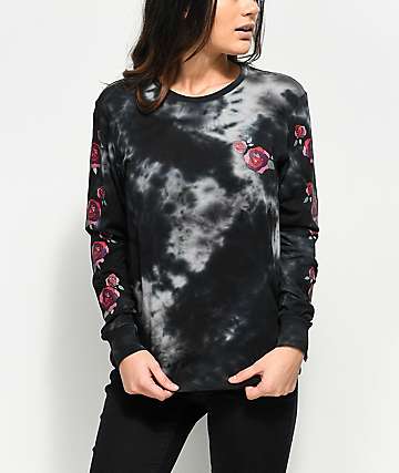 Empyre Rubino & Roses camiseta negra de manga larga con efecto tie dye