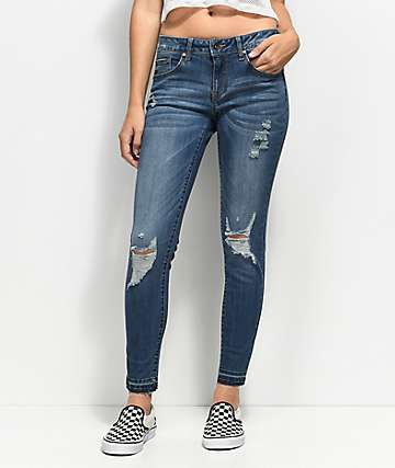 Empyre Tessa Medium Wash Distressed Raw Hem Skinny Jeans