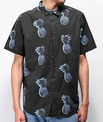 Globe Stencil Pineapple Black Washed Short Sleeve Button Up Shirt