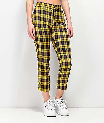 yellow pants with checkered stripe