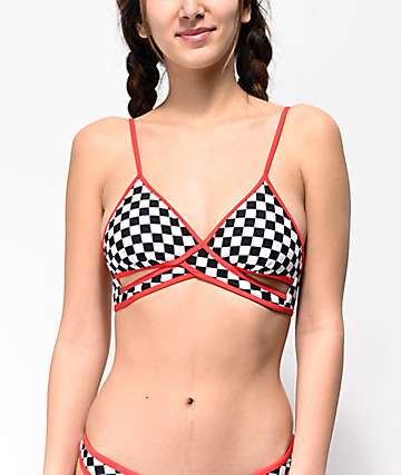 Malibu Check Please Black & White Checkered Wrapped Triangle Bikini Top