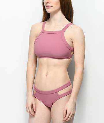 Malibu braguitas de bikini acanaladas estilo cheeky con aberturas laterales en color malva