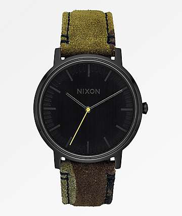 Nixon Porter Leather Black, Camo & Volt Yellow Analog Watch